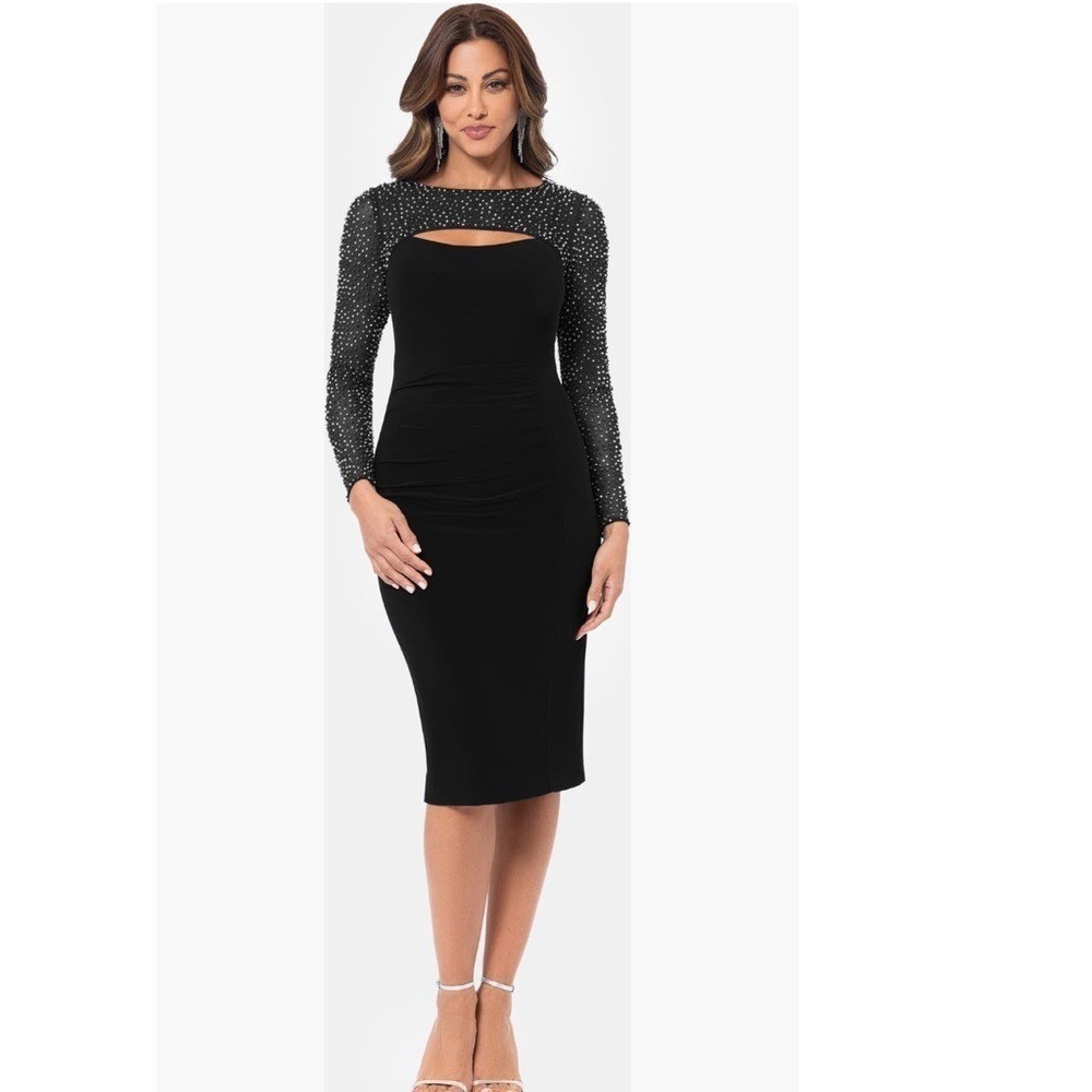 Betsy & Adam Rhinestone Yoke Cutout Long Sleeve Sheath Dress, Black, Sz 14,‎ NWT
